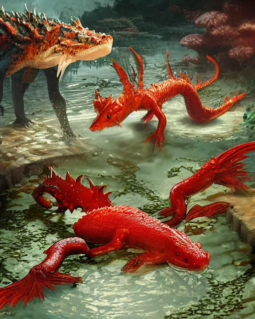 Image similar to game character beautiful giant kaiju sized pond dragon half fish half salamander, wet amphibious skin, red salamander, axolotl creature, koi pond, korean village by Ruan Jia and Gil Elvgren, fullbody