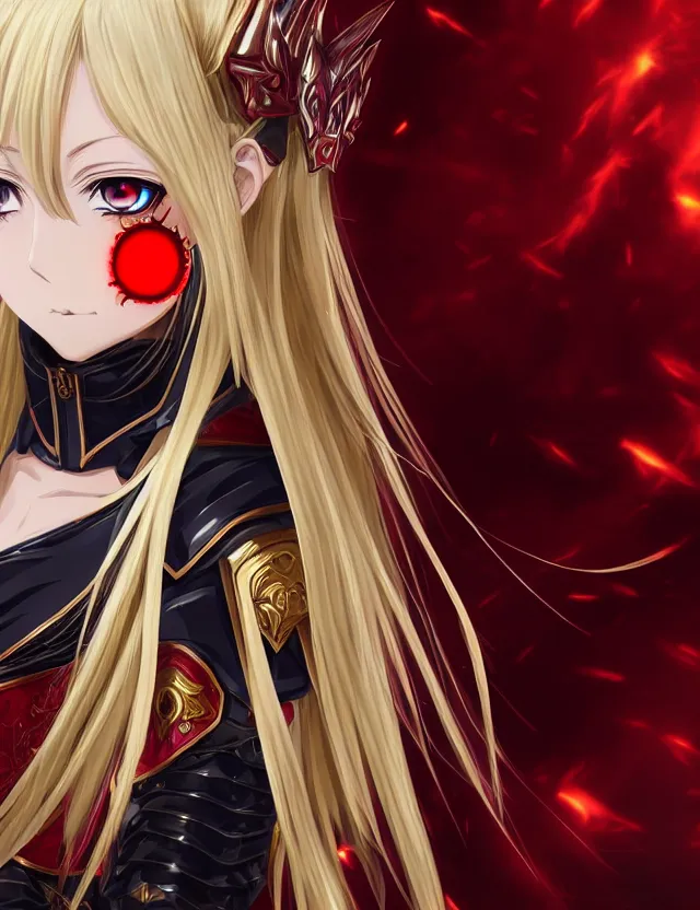 Image similar to an anime portrait of a blonde vampire girl with glowing red eyes in gold plated armour, trending on artstation, digital art, 4 k resolution, detailed, high quality, sharp focus, hq artwork, coherent, insane detail