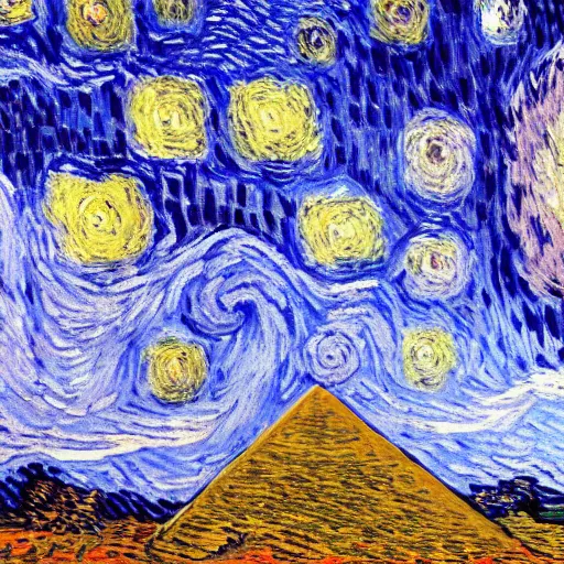 Prompt: The pyramids with Van Gogh sky