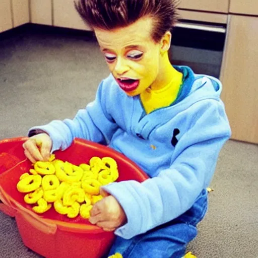 Image similar to “Bart Simpson as a real boy eating Fruit Loops”