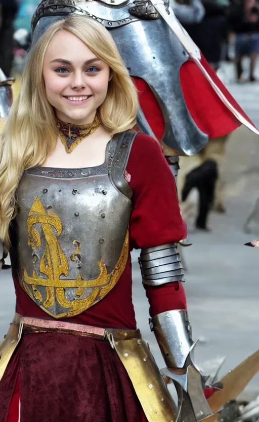 Image similar to annasophia robb wearing medieval armour, bowl haircut, holding fleur-de-lis banner