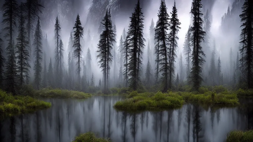 Prompt: amazing landscape photo of a dark forest with lake by marc adamus, beautiful dramatic lighting