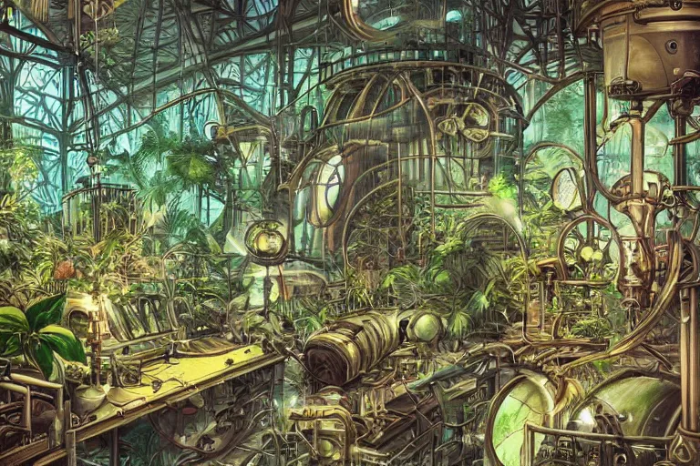 Prompt: Inside a steampunk machine room with lush vegetation growing around the machines, tropical trees, large leaves, flowers, space showing thought the windows, beatifully lit, vintage science fiction illustration