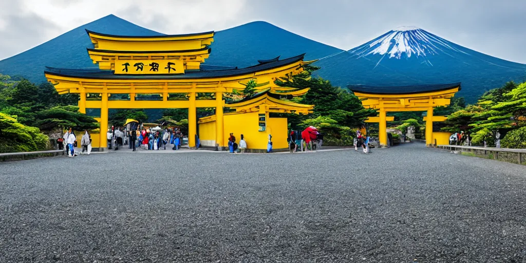 Image similar to Yellow school bus driving towards a Japanese Torii gate at Mount Fuji location in Japan, time travel, ray tracing