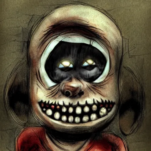 Prompt: eerie rotting little animatronic staring at camera, bloody, creepy smile, colored sketch, demented