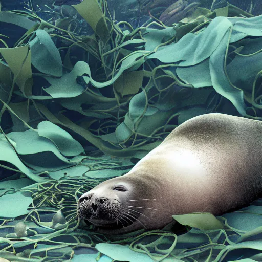 Prompt: A seal sleeping peacefully in a kelp forest, Prince in pastel, cinematic, hyper realistic, detailed, 8k, octane render.