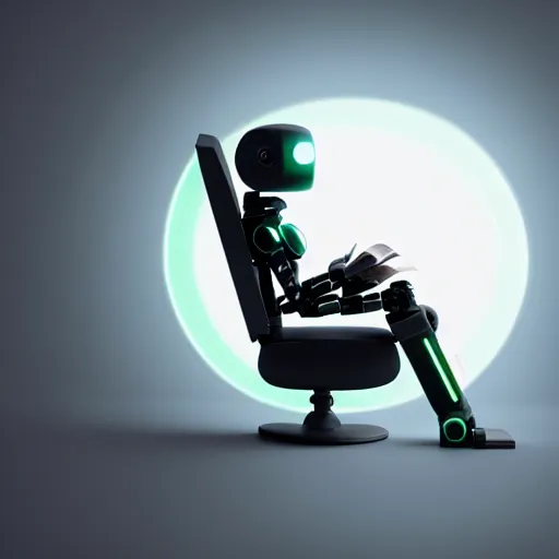 Image similar to futuristic lonely matte dark gray and glossy translucent green full-body humanoid robot with huge expressive comically sad LED eyes and open rectangular mouth sitting on a large comfortable cushioned vintage recliner reading a hardbound leather book. Cinematic Lighting, Cinematic Movie Photograph, Arri Alexa, Extremely Detailed, smooth, very very clean, simple, 8K, octane render, maya render, unreal engine, trending on artstation, DSLR, excellent composition, moody