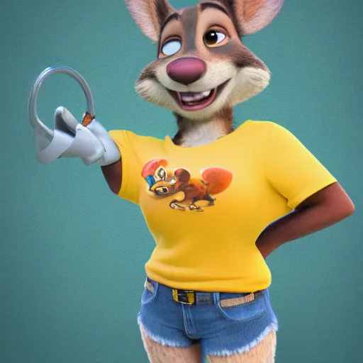 Prompt: 3 d render, portrait, headshot, closeup, anthropomorphic mouse, female, wearing denim short shorts and a off yellow tank top shirt, in the style of zootopia