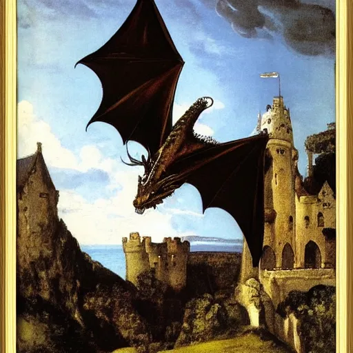 Prompt: A dragon is flying above a castle by Gustave Courbet