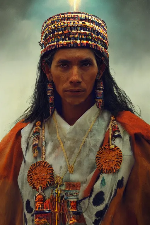 Image similar to aztec priest, close - up portrait, devoted, intricate, elegant, volumetric lighting, scenery, digital painting, highly detailed, artstation, sharp focus, illustration, concept art, ruan jia, steve mccurry