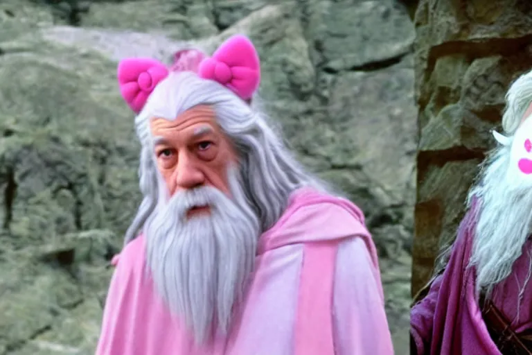 Image similar to scruffy looking Gandalf wearing pink Hello kitty costume, meeting regular Gandalf the white, dramatic lighting, movie still from Lord of the Rings, cinematic