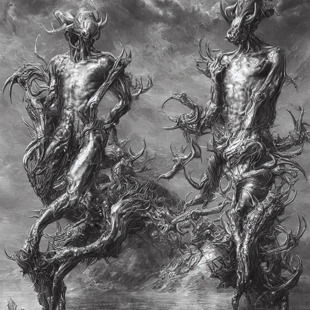 Prompt: a masterpiece! full body photographic portrait of an alien beast!! with seven heads!! and ten horns!! walking on water on a city street by gustave dore and sam spratt and allen williams, trending on artstation, cgsociety, 8 k hd, earthtone colors,