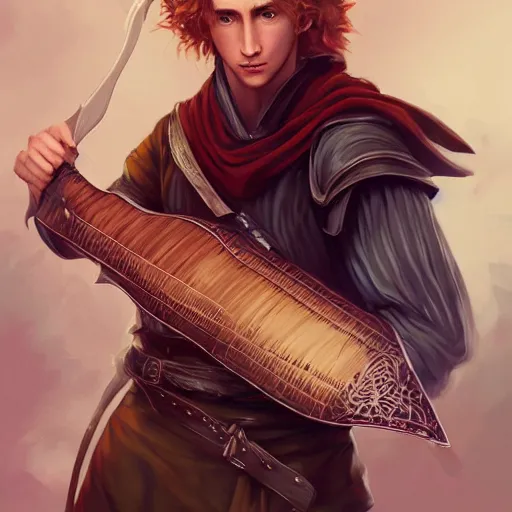 Image similar to kvothe with a lute by artgerm, digital art, unreal engine 5, trending on artstation, deviantart, pinterest, rule of thirds, 4 k uhd image