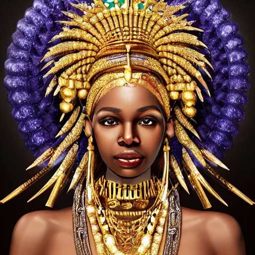 Prompt: : portrait of divine African orisha with big gold headdress covered in diamonds and jewls detailed render hyper-realistic cgsociety