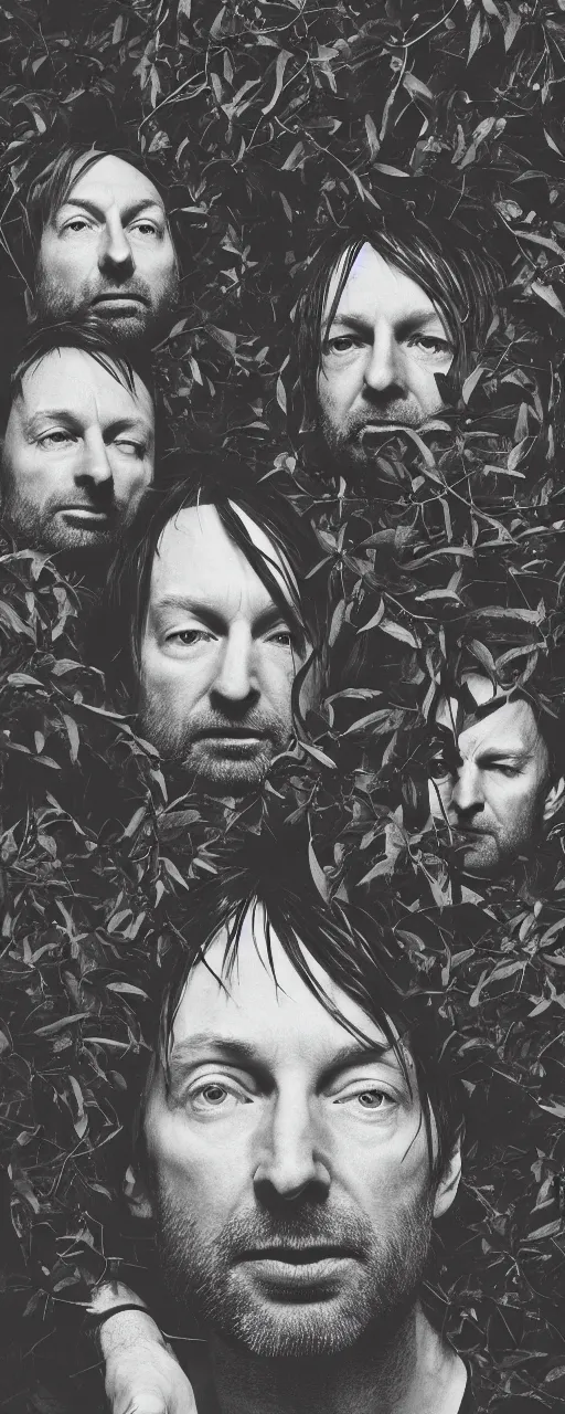 Prompt: disco diffusion portrait of Radiohead, hiding in the bushes looking shifty