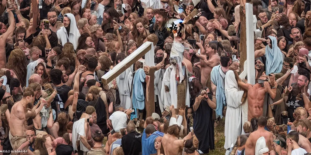 Prompt: highly detailed photograph at the crucifixion of Jesus Christ and the crowd is smiling and taking phone selfies