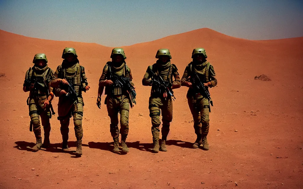Prompt: in a dusty red desert with destroyed buildings, a team of five swat future soldiers in dark green tactical gear like death stranding and halo hike. They 're afraid. mid day, heat shimmering, color, 35mm film photography, lawrence of arabia