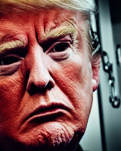 Image similar to closeup portrait of of angry donald trump wearing orange prison pajamas locked up in an prison jail cell, cinematic masterpiece, octane, dramatic lighting, 35mm, very detailed