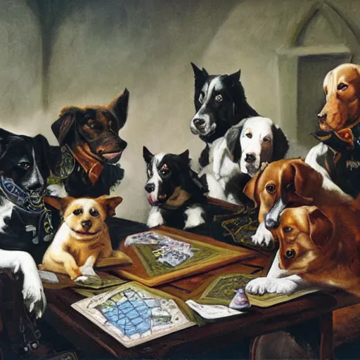 Prompt: Oil painting of dogs playing Dungeons & Dragons, in the style of Cassius Marcellus Coolidge.