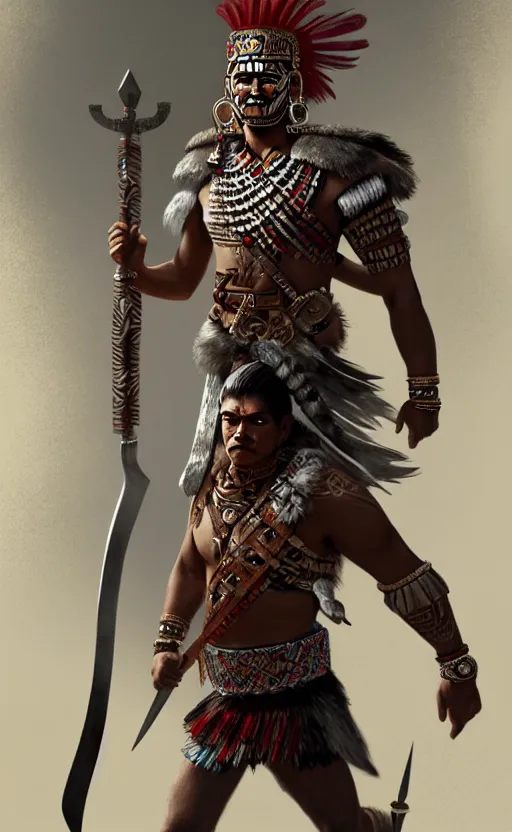 Image similar to fullbody!! aztec warrior with a sword surrounded by lightning, smooth and sharp, trending on artstation, fine details, elegant, dynamic pose, detailed and intricate environment, professional by tatyana kupriyanova and greg rutkowski and raymond swanland