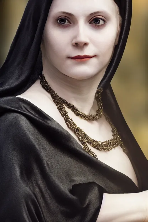 Image similar to hyper - realistic close - up portrait of a medieval woman, pale skin, in a black silk robe, in the сaravaggio style