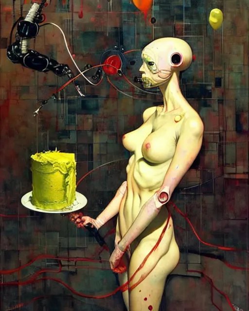 Image similar to the robot is just like me when i see a slice of cake. in the style of adrian ghenie, esao andrews, jenny saville, ( ( ( edward hopper ) ) ), surrealism, dark art by james jean, takato yamamoto