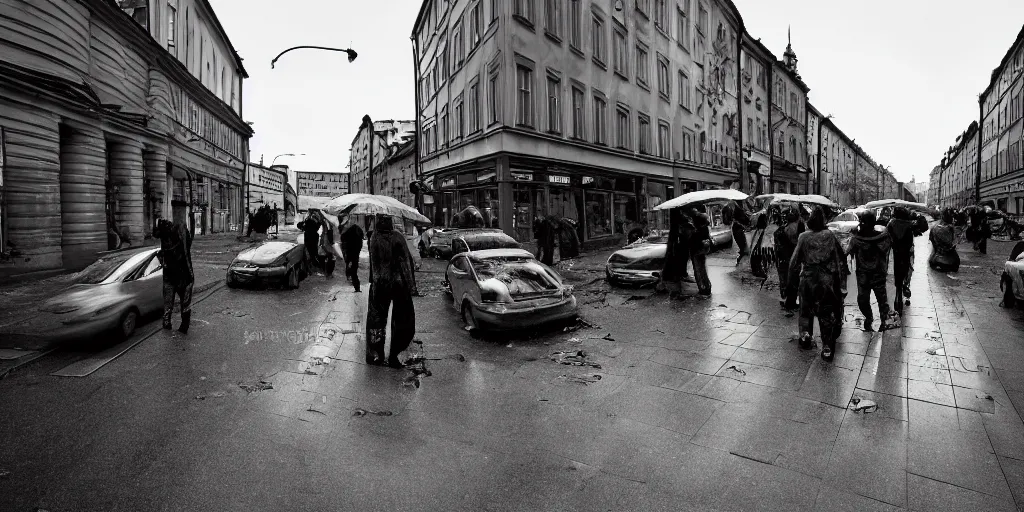 Prompt: Hordes of Zombies in Stockholm, Sweden, Intersection, Storefront, alleyway, city street lights, abandoned cars, smoke, umbrella, convenience store, dusk sky, city street, zombies exiting store, zombies getting groceries, hilly road, Swedish writing, looking down street, raining, smoking outside, wet road, wet street, very high quality photography, dusk, cinematic.