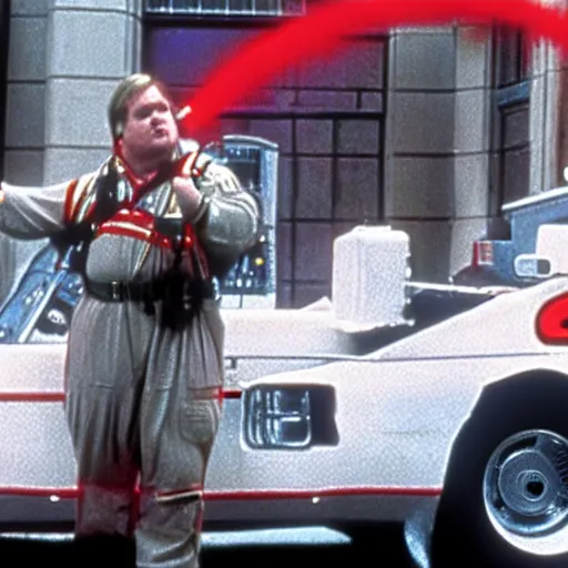 Prompt: Chris Farley as a Ghostbuster in a still from the movie Ghostbusters 8k hdr