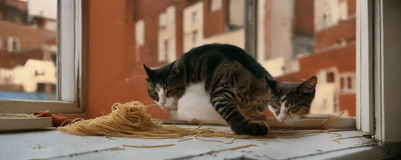 Prompt: a cat playing with spaghetti on a windowsill, city apartment, small details, intricate, sharply focused, canon 5 0 mm, wes anderson film, kodachrome