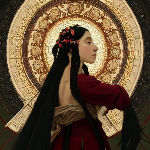 Image similar to a beautiful portrait of hatsune miku with long black and deep red colored hair dressed as a 1 st century european noblewoman, intricate, elegant, highly detailed, digital painting, artstation, concept art, matte, sharp focus, illustration, art by greg rutkowski and alphonse mucha