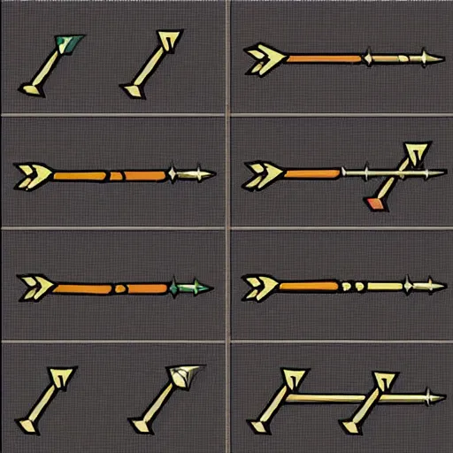 Prompt: [ archery ] [ feathered wooden arrows with steel tip ] [ unity 2 d ] [ spritesheet sprites evenly padded padding ] [ black background ]
