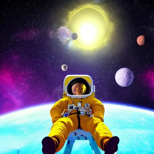 Image similar to astronaut floating in a galaxy : : 3 glowing sun : : 2 many shining stars : : 1 cyberdelic, nintendocore, supremely digital, space - age, unreal engine, super detailed, dreamlike lighting