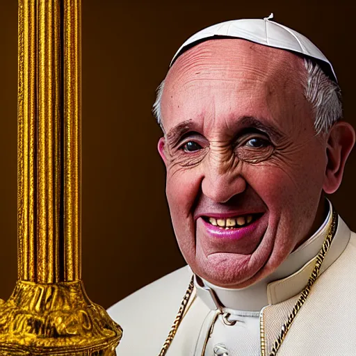 Prompt: portrait of a pope, wearing gold gangster chains, with gold teeth, studio portrait, studio lighting, studio photography, 5 0 mm, 4 k