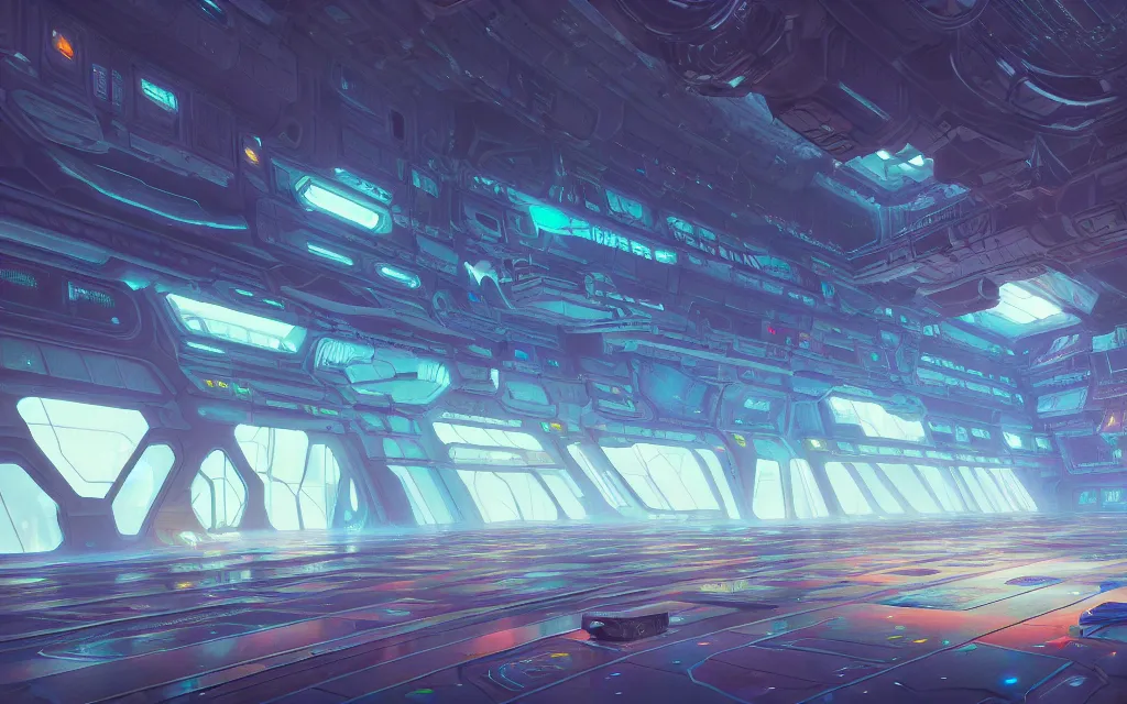 Image similar to A beautiful painting of interior hangar of a futuristic science fiction space station, intricate, highly detailed, digital painting, illustration, artgram, by beeple, studio ghibli, trending on artstation