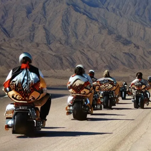 Image similar to hells angels riding ona long road in the desert