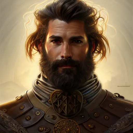 Image similar to portrait of a ruggedly handsome paladin, soft hair, muscular, half body, leather, hairy, d & d, fantasy, intricate, elegant, highly detailed, digital painting, artstation, concept art, smooth, sharp focus, illustration, art by artgerm and greg rutkowski and alphonse mucha