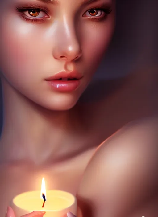 Prompt: a gorgeous female photo, professionally retouched, soft lighting, holding a candle, realistic, smooth face, perfect eyes, wide angle, sharp focus on eyes, 8 k high definition, insanely detailed, intricate, elegant, art by artgerm and wlop