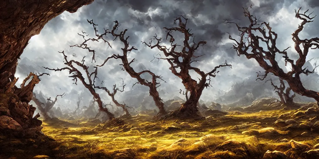 Prompt: rocky landscape of leaned keeled over toppled windswept windswept windswept trees, no visible soil, high quality fantasy art, 4k