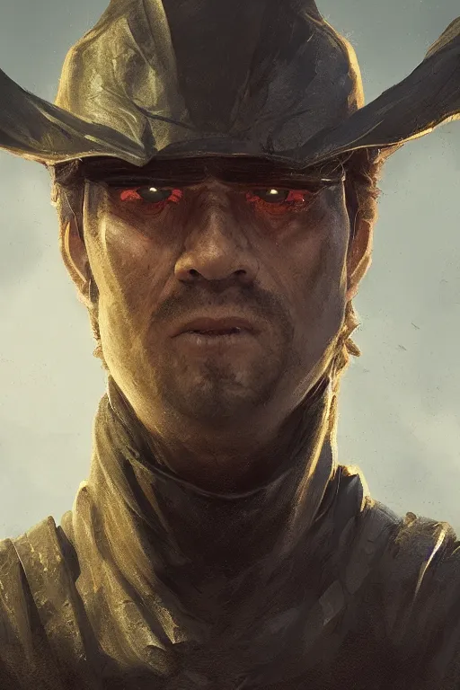 Image similar to portrait, bounty hunter, face portrait, raphael lacoste, eddie mendoza, alex ross, concept art, matte painting, highly detailed, rule of thirds, dynamic lighting, cinematic, detailed, denoised, centerd