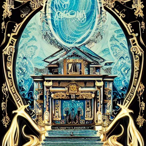 Prompt: !dream villa :: centered on a black background ::2 elements + blue + bronze + neon + baroque + rococo + white + ink + tarot card + sébastien mitton, viktor antonov, sergey kolesov, detailed, intricate ink illustration + magic + glow