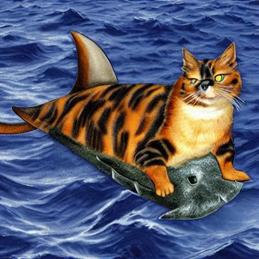 Prompt: a tortoiseshell cat riding a megalodon