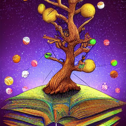 Prompt: a tree on the moon, around the tree are book reading worms and cups, digital art, very detailed