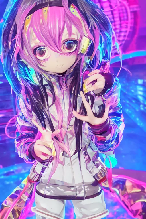 Prompt: portrait of a 3d anime character with cute eyes wearing a psychedelic holographic hoodie kawaii deco fashion, long hair with pastel colors, wearing a cute gas face mask in the style of code vein by Kurumi Kobayashi Koichi Itakura, 3d anime, octane render, dynamic lighting, with glitch and chromatic abbreviations, artstation, cgsociety, imaginefx, by anime concept artist, rendered in unreal engine, WENJR, WLOP, artgerm