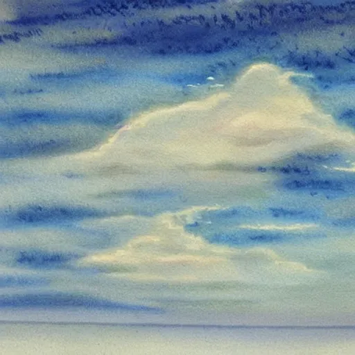 Prompt: the soaring sky with clouds above a beach below, watercolor, by japanese masters, 4 k, beautiful, strong colors, surreal, trending on artstation,