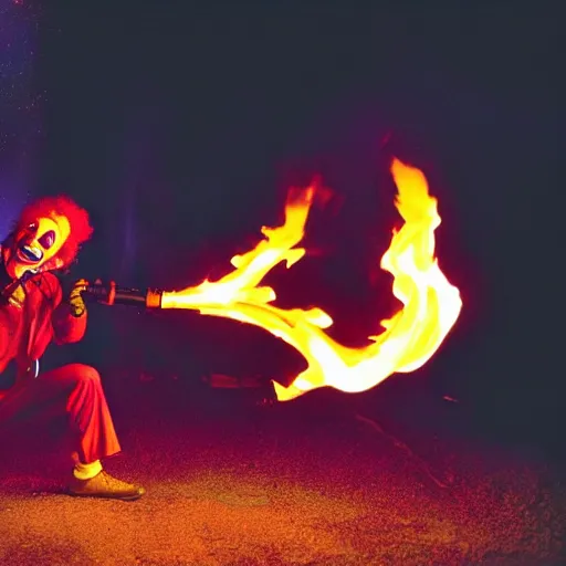 Prompt: photo of a clown using a flamethrower projecting a long bright flame towards a fire, award-winning, highly-detailed, 8K