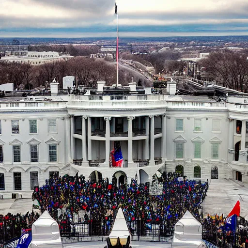 Prompt: capitol riot, View from the top of white house with many people rioting below, hyper-realistic, ultra-detailed, high resolution, HDR shot, cinematic lighting