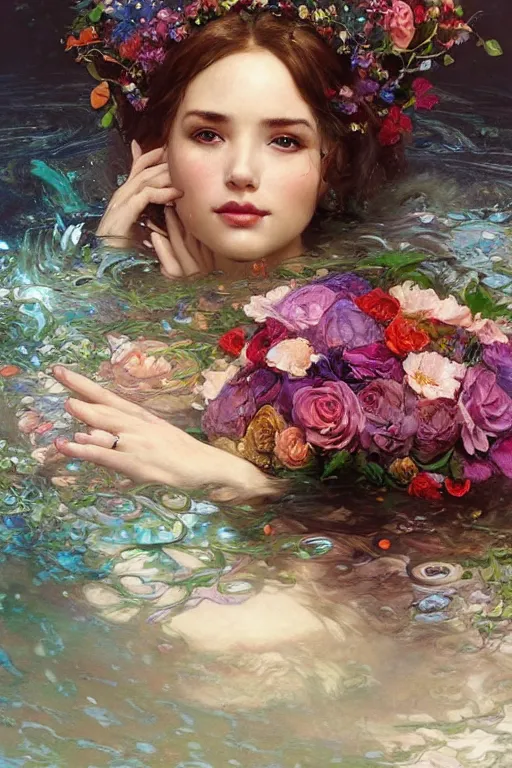 Image similar to portrait of a beautiful mysterious woman holding a bouquet of flowing flowers, hands hidden under the bouquet, lying half submerged in a pool of water, fantasy, regal, intricate, by stanley artgerm lau, greg rutkowski, thomas kindkade, alphonse mucha, loish, norman rockwell