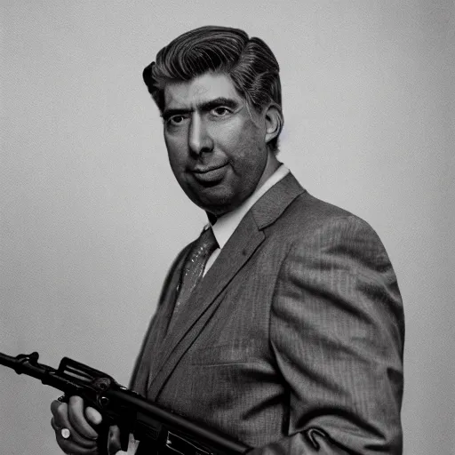 Prompt: hyper realistic and detailed vintage portrait photo of Patrick Balkany standing with an AK47, by Annie Leibovitz, Leica SL2 50mm HD