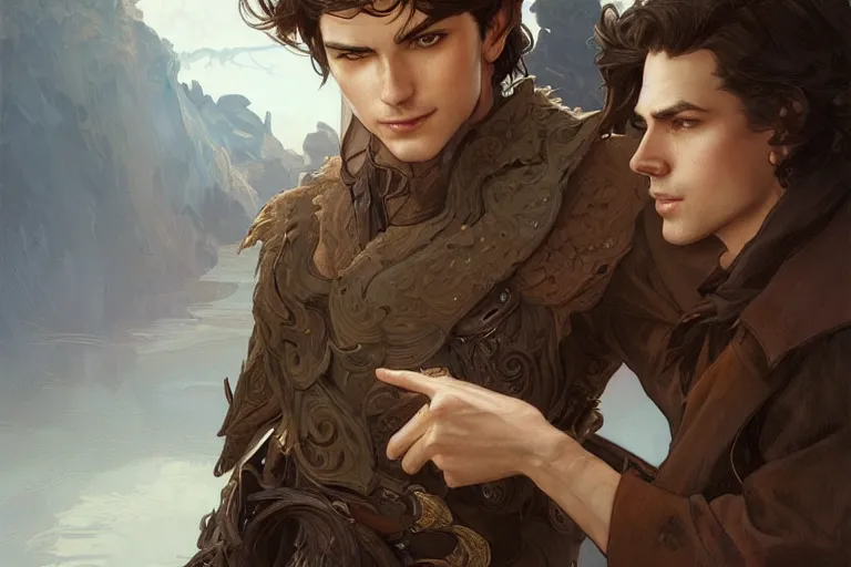 Image similar to handsome boy with brown hair, western, D&D, fantasy, intricate, elegant, highly detailed, digital painting, artstation, concept art, matte, sharp focus, illustration, art by Artgerm and Greg Rutkowski and Alphonse Mucha