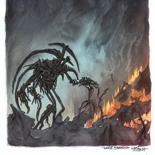 Prompt: vecna, demonic alien hellscape in the background, atmospheric, ominous, 8 k, watercolor and ink, museum quality